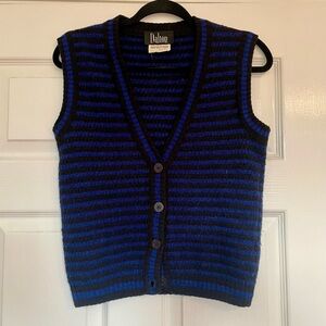 Dalton Vintage Women's Blue and Black Striped V-Neck Sweater Vest